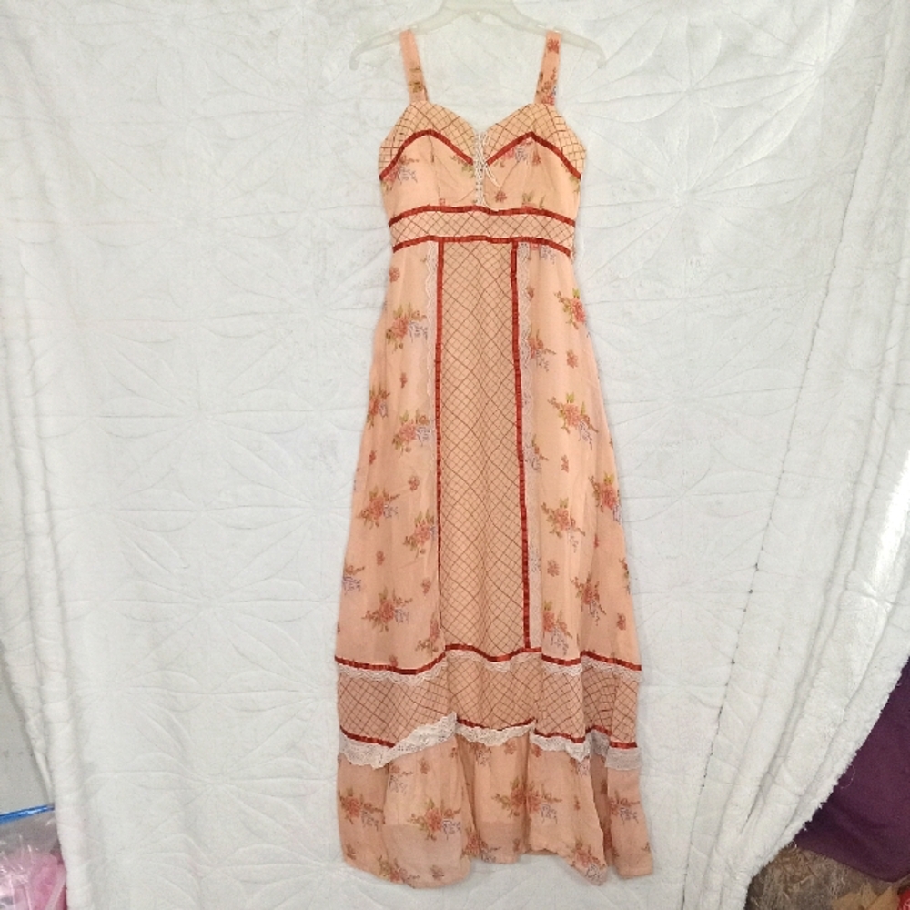 VINTAGE UNION MADE ILGWU SUMMER DRESS FLORAL PEACH PLAID LACE BOHO BUST 29' SX?